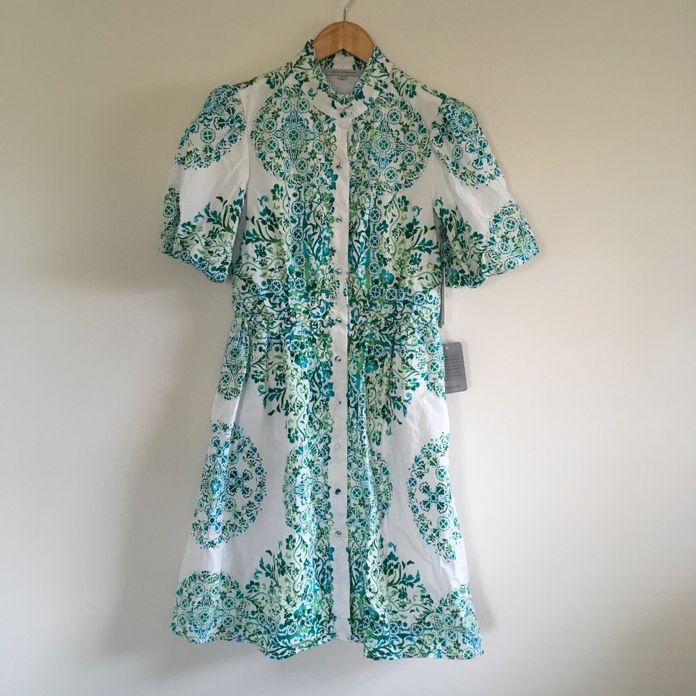 Julia Jordan Button Front Green White Puff Sleeve Border Floral Print Dress Sz 6